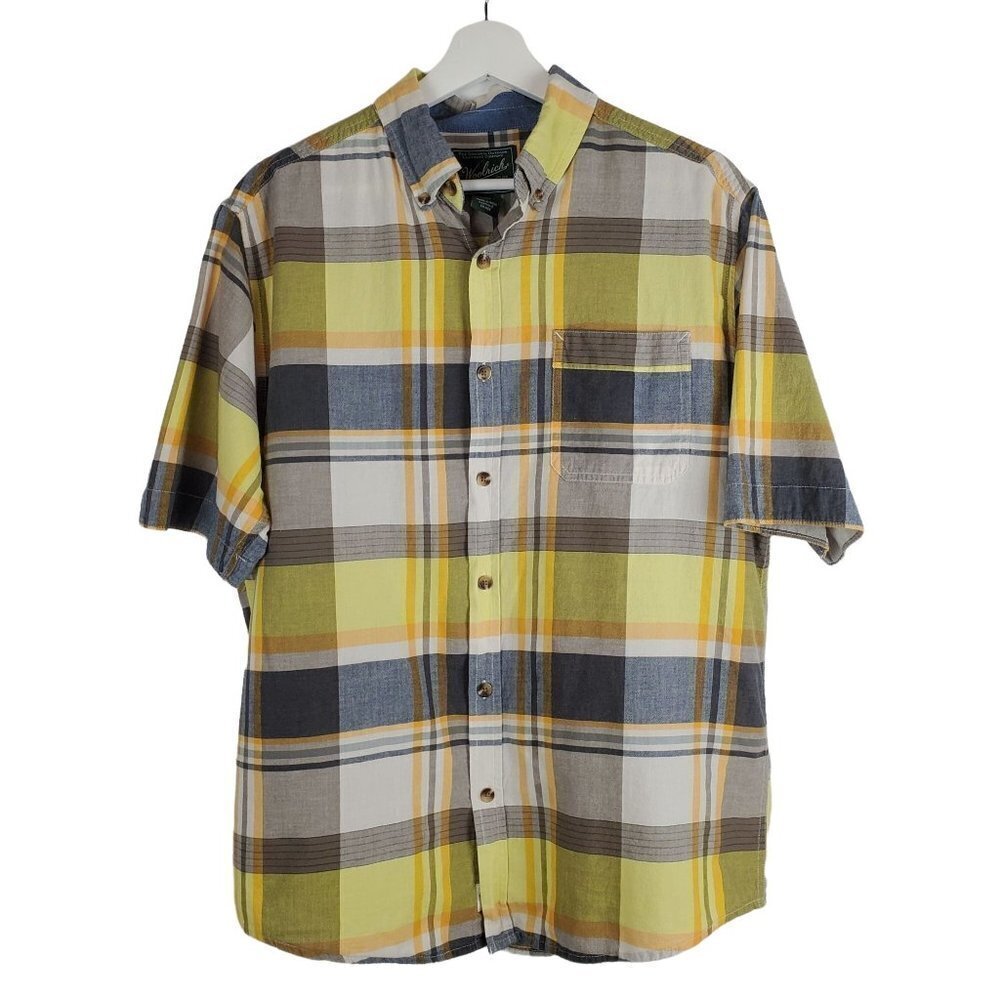 Woolrich M Plaid Button up Shirt Short‎ Sleeves 100% Cotton yellow blue gray